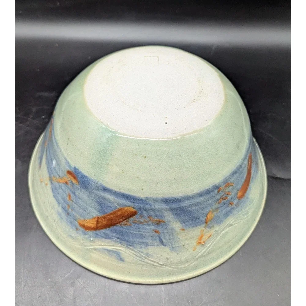 Vintage Studio Art Pottery Green Glaze Ceramic Console Fruit Bowl Signed 9.5
